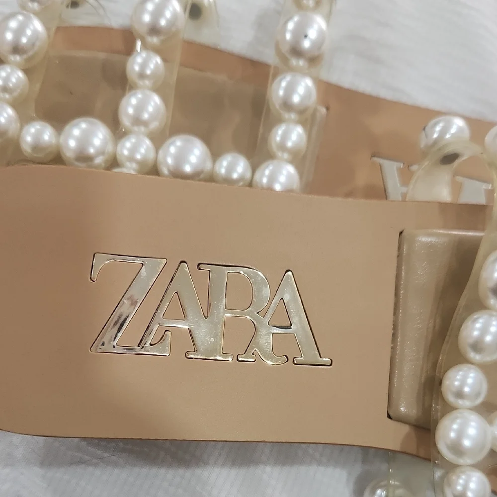 Zara Tan Sandals with Pearl Embellishments - Picture 5 of 6